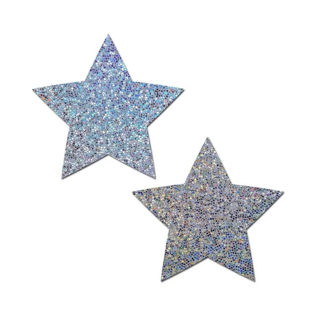 Pastease Everyday glittering silver star nipple covers matching pair on white background