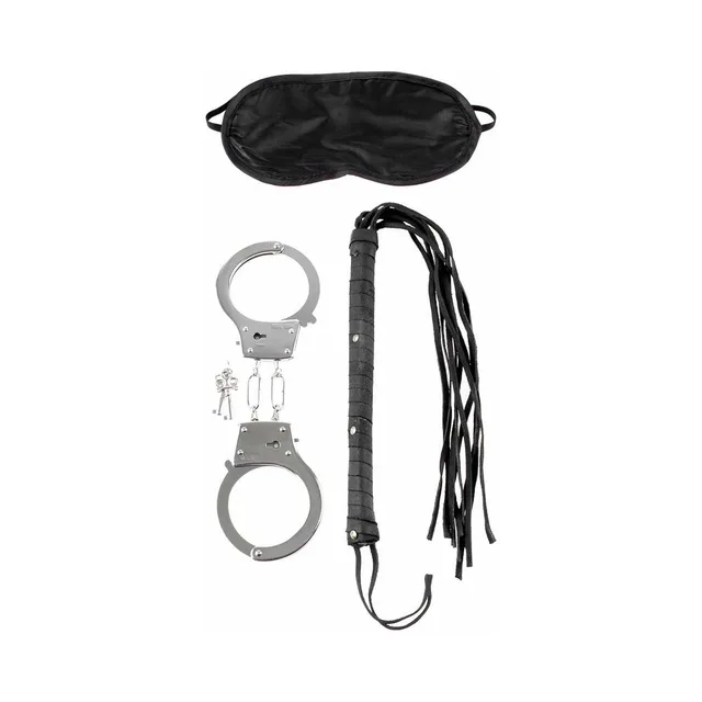 Black satin mask leather whip and metal handcuffs with keys