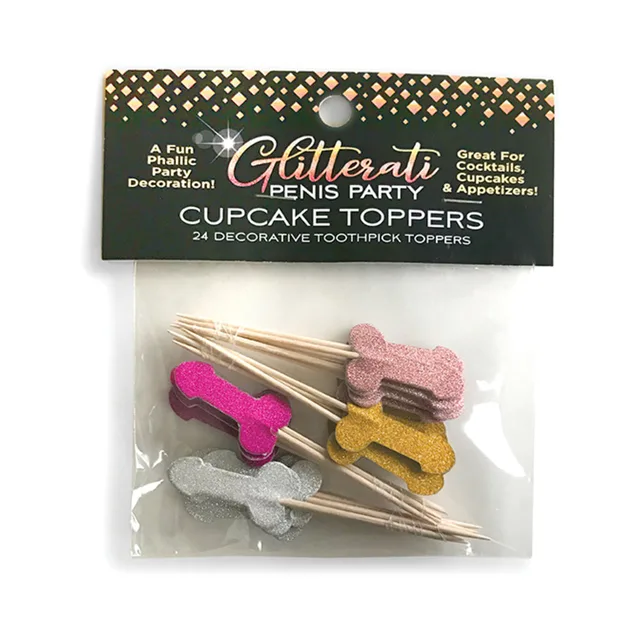 Twenty-four Glitterati wooden cupcake picks with glitter penis toppers