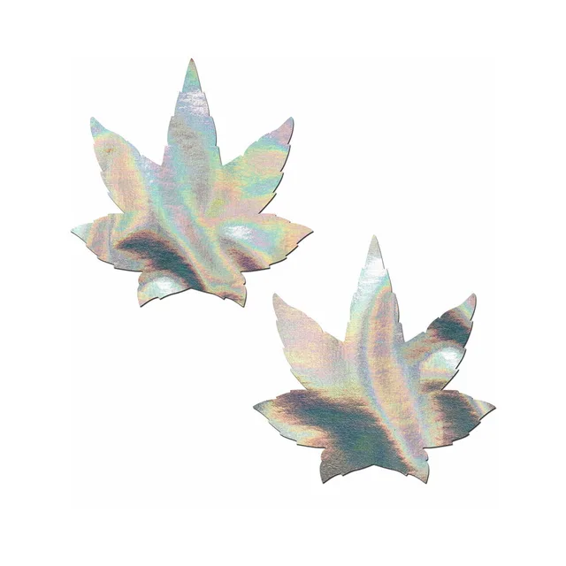 Pastease pair of silver holographic seven-point Indica leaf vinyl pasties