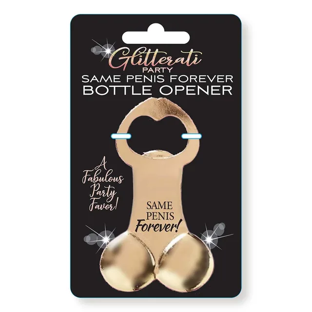Rose-gold Same Penis Forever opener on black card