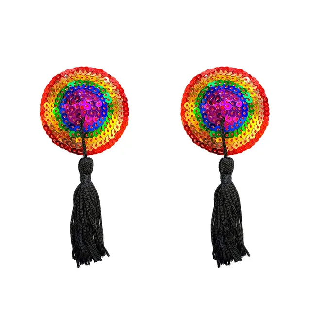 Pair of Neva Nude round rainbow Burlesque pasties with black tassels