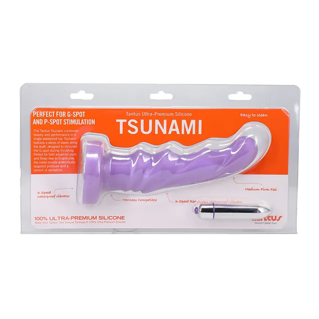 Front package of purple Tantus Tsunami vibrating dildo