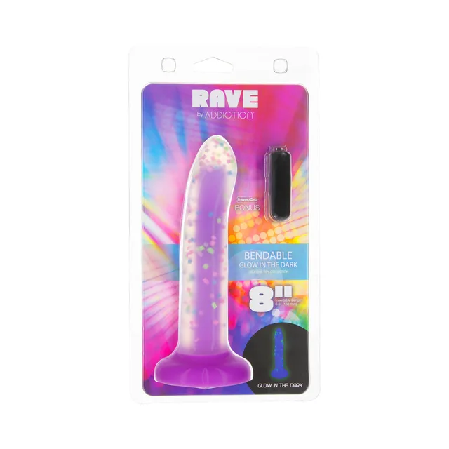 glow silicone Addiction Rave dildo with purple confetti in hanging package