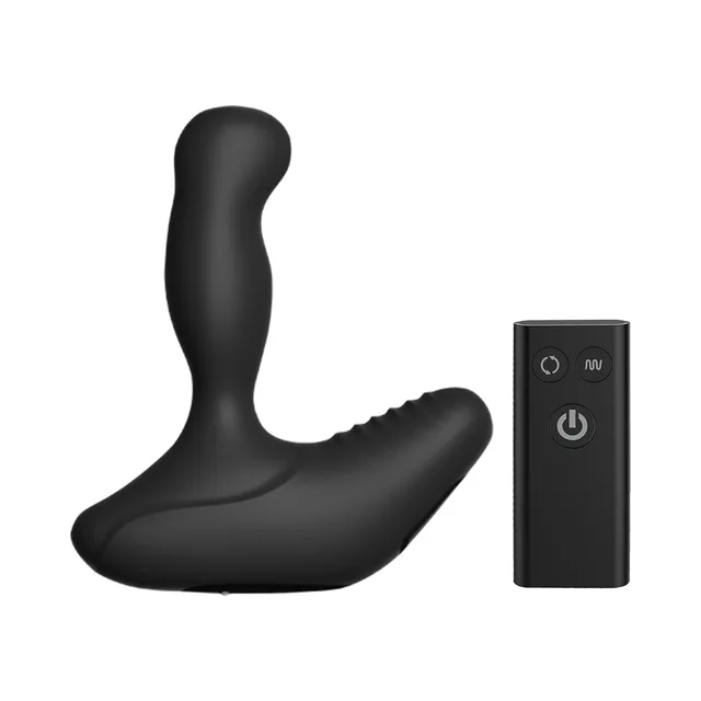 Nexus REVO Stealth black curved massager beside three-button remote