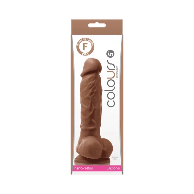 Colours Pleasures brown 5-inch dildo white-and-brown retail package with compact shaft visible