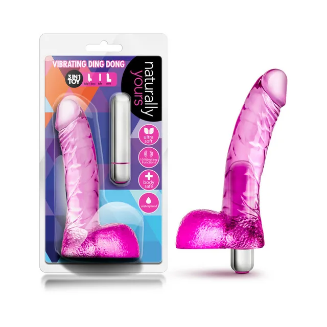 Naturally Yours Pink Vibrating Ding Dong beside bright retail blister and silver mini vibrator