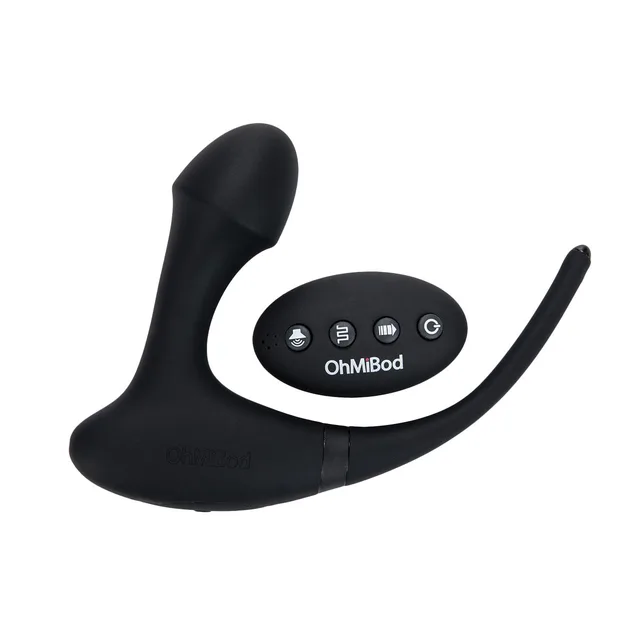 black OhMiBod Club Vibe Hero Plug beside oval four-button remote