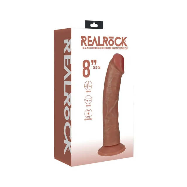 Shots RealRock tan 8-inch rotating dildo curved product pictured on brown and white box