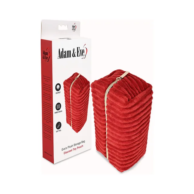 Adam and Eve ribbed plush toy storage bag displayed beside its retail box