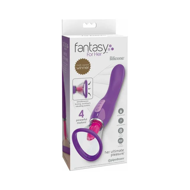 Fantasy For Her purple vibrator white retail box with curved purple handle and suction ring pictured