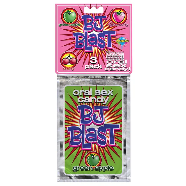 BJ Blast three-pack header above green apple packet