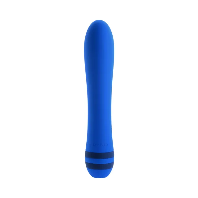 front view of blue Pleaser vibrator with rounded tapered tip and striped base