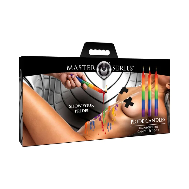 Master Series Pride three rainbow drip candles in black box