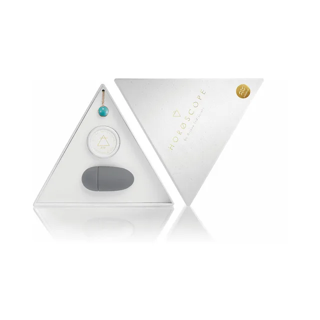 open white Aquarius Horoscope kit with aqua stone necklace balm and gray finger vibrator