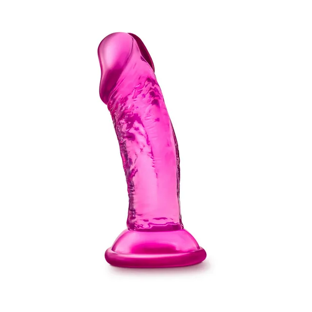 Blush Sweet N Small translucent pink dildo upright front angle with curved textured shaft