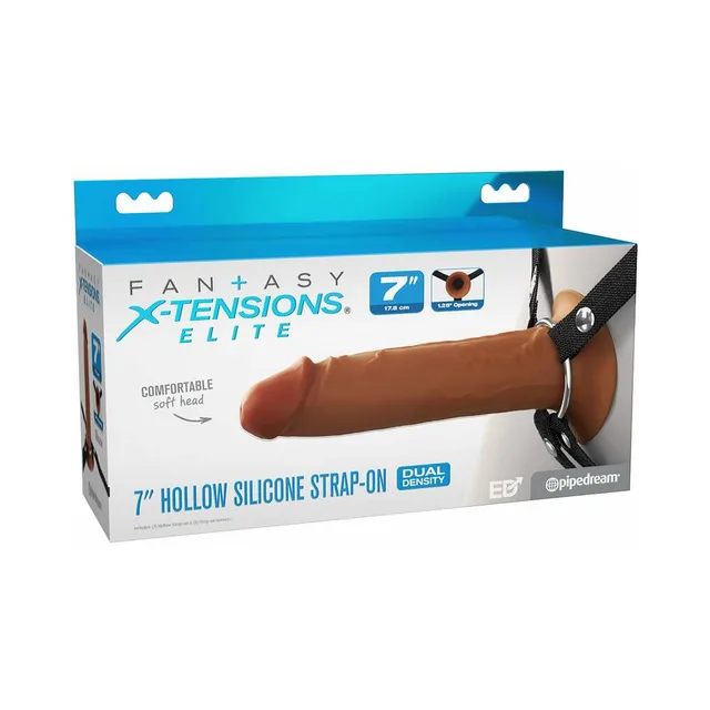 Fantasy X-Tensions Elite 7-inch brown hollow strap-on with black harness in blue retail box