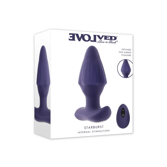 Evolved Starburst purple expandable anal plug displayed with its oval remote in the white retail box