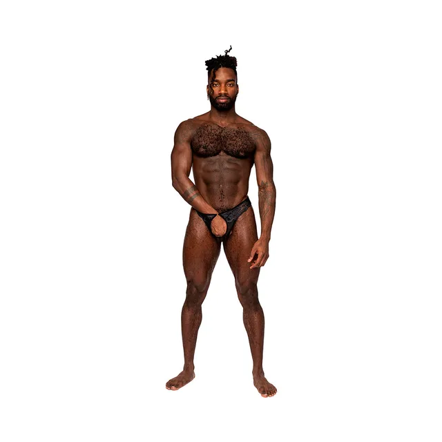 Front view of black Sassy Lace open-ring thong in S/M
