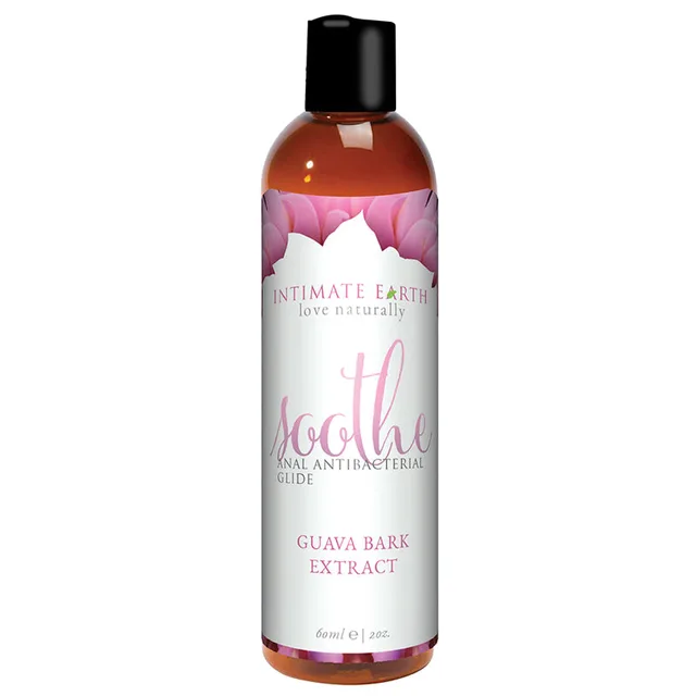 Intimate Earth Soothe 2 oz Glide slim amber bottle with pink guava bark label