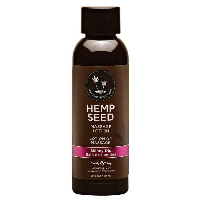 Earthly Body Skinny Dip Massage Lotion 2 oz dark bottle with black cap and blue green label band