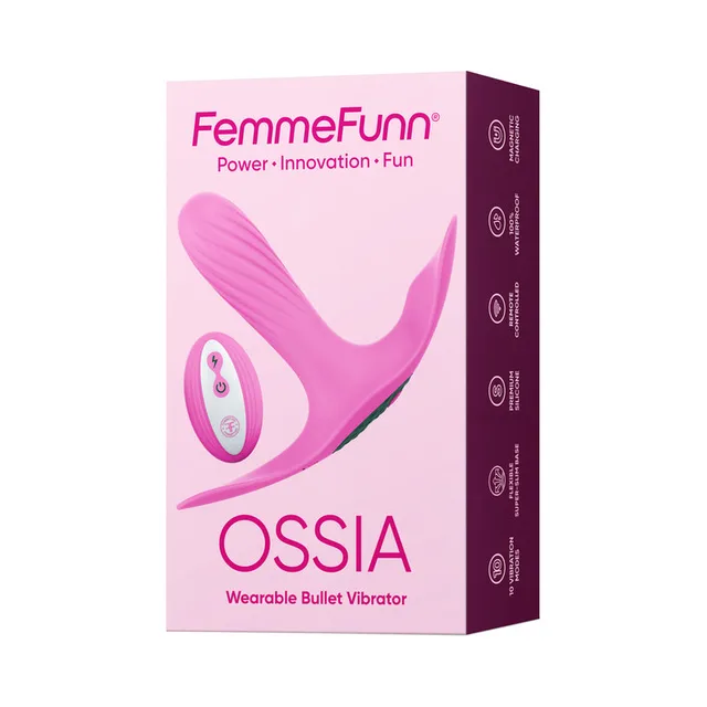 FemmeFunn Ossia wearable bullet vibrator and oval remote on pink box