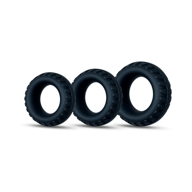 Three black Drift rings with tire-tread-style texture