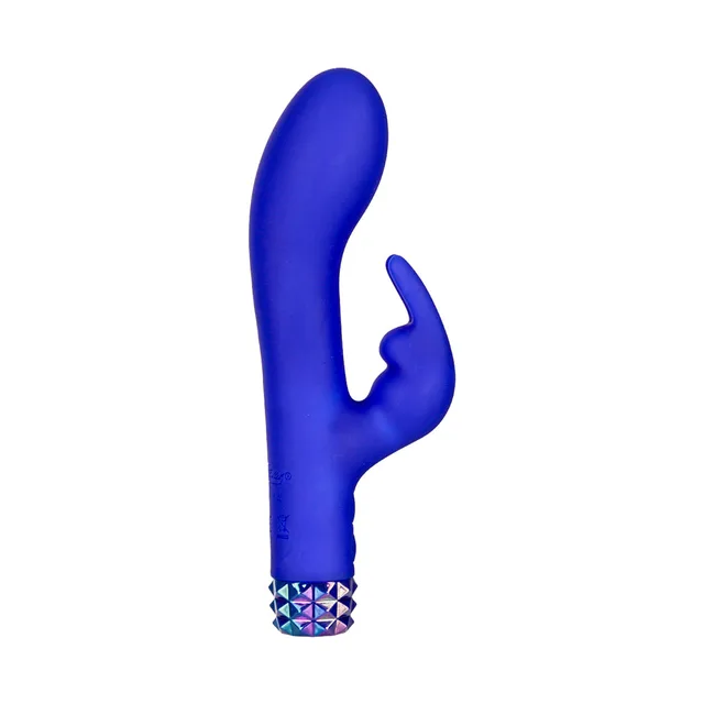 BMS M'Lady blue bunny vibrator angled front view showing the curved shaft and external arm