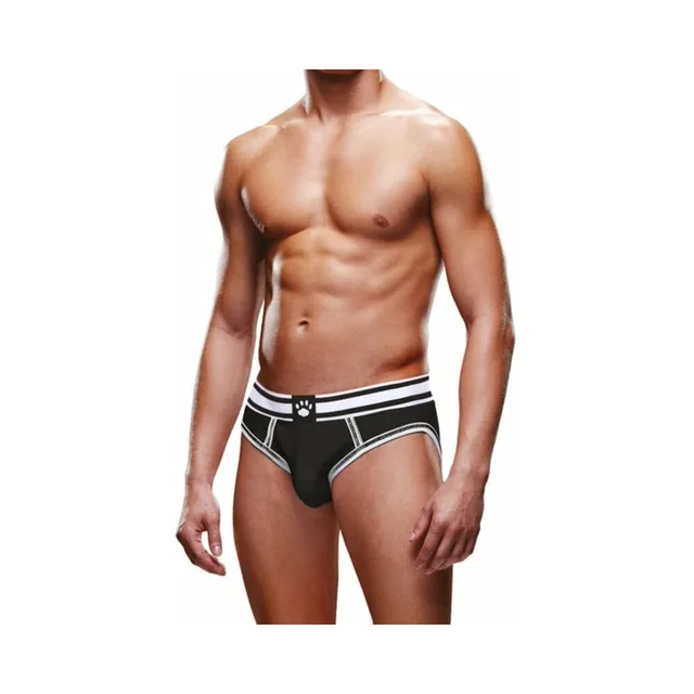 Front view of Prowler black-base brief with white piping size XL
