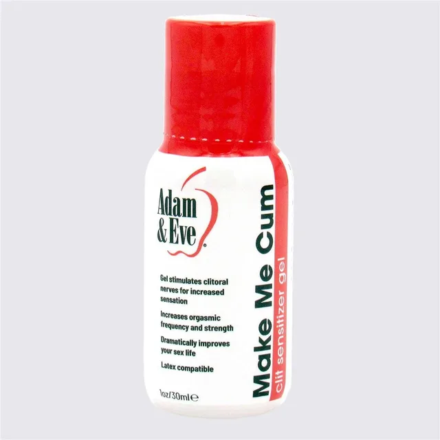 Adam & Eve Make Me Cum clear gel bottle front label with red cap