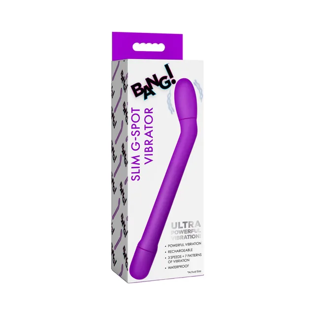 BANG purple slim curved vibrator in purple-and-white retail packaging