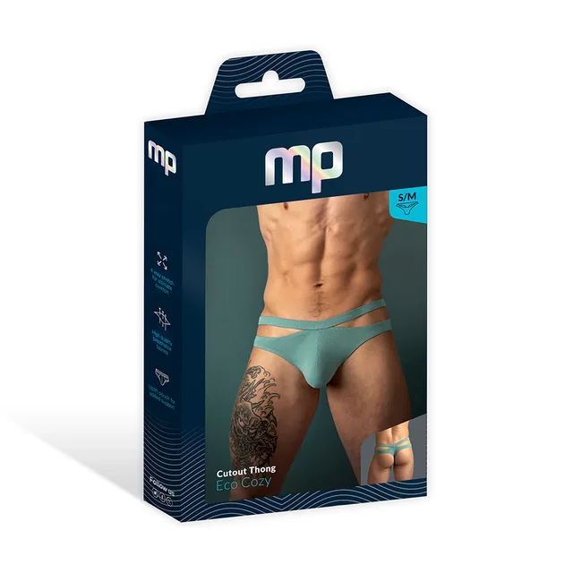 Male Power Eco Cozy Cutout Thong in green size S/M displayed in a navy window retail box
