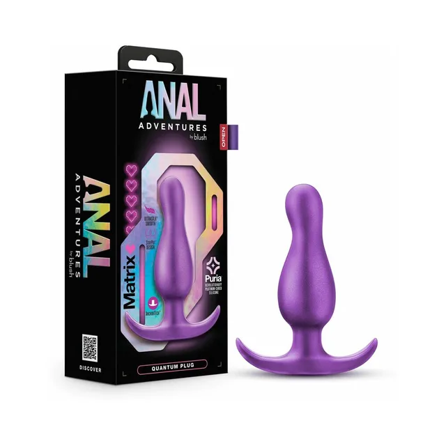 Blush Matrix Quantum Galactic Purple silicone plug beside Anal Adventures retail box