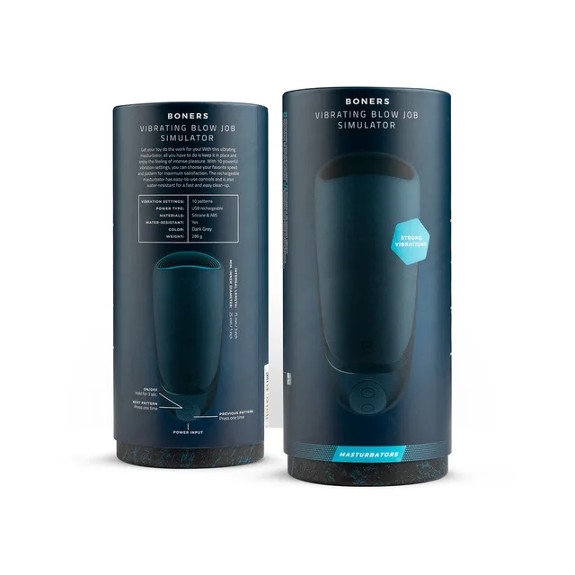 two dark cylindrical Boners Vibrating Masturbator retail packages showing product diagram