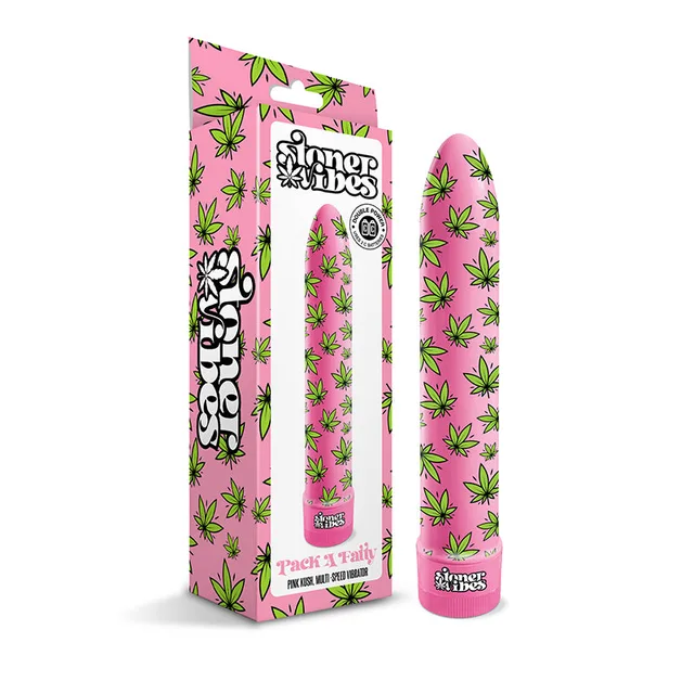 Pink Pack A Fatty vibrator beside cannabis-leaf print box