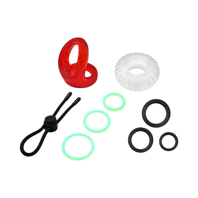 Red double ring, clear sleeve, black loop and assorted green and black rings