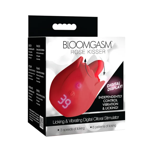 Bloomgasm Rose Kisser red digital clitoral stimulator showing curved tongue, two buttons and numeric display on retail box