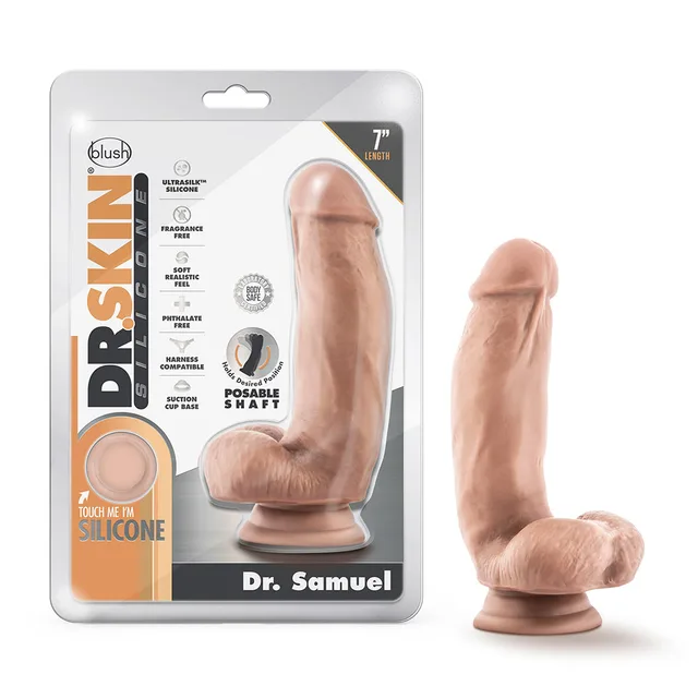 Blush Dr. Skin Dr. Samuel beige dildo beside retail package