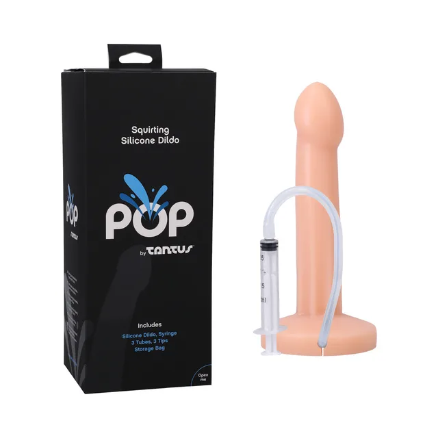 Tantus POP cream dildo with syringe beside black retail box