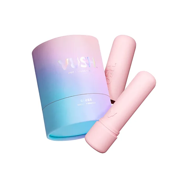 VUSH Gloss light-pink bullet vibrator with lipstick-shaped body beside gradient storage cylinder