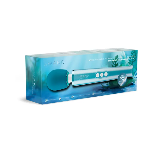 Teal Le Wand Dive massager displayed beside its underwater-themed box