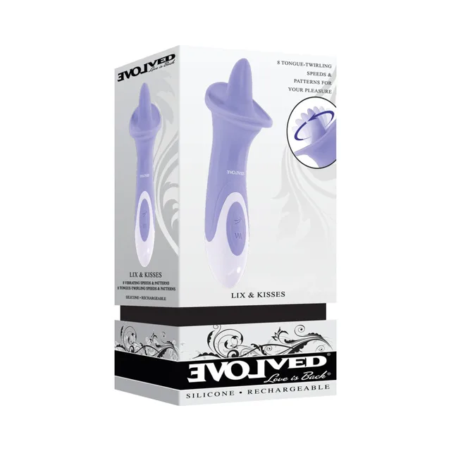 Evolved Lix & Kisses light-purple tongue vibrator in tall white retail box