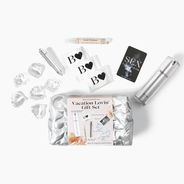 Beloved Vacation Lovin' set with silver pouch, bottles, bullet and cloths