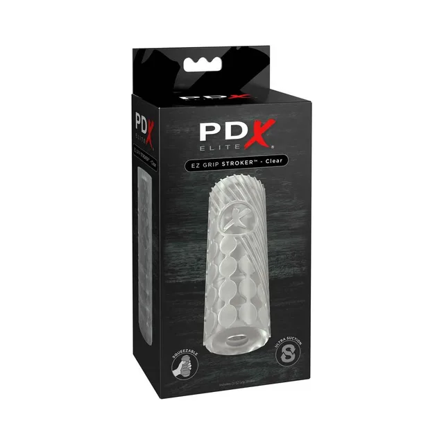 PDX Elite EZ Grip Clear TPE Stroker in tall black retail carton