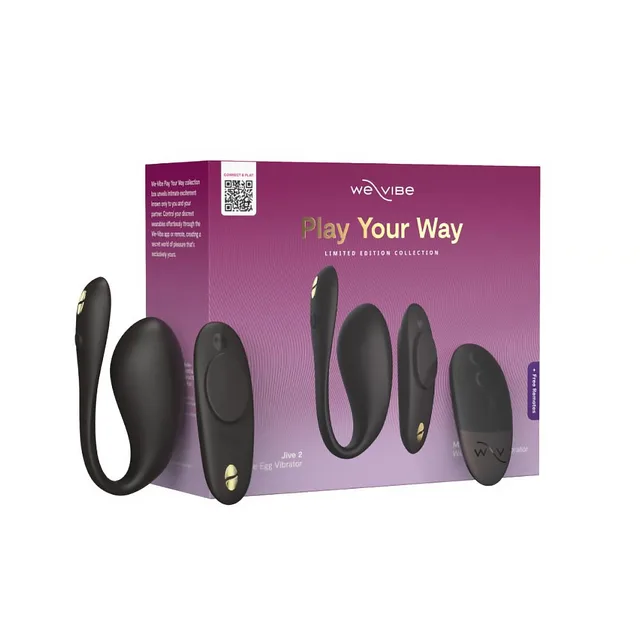 We-Vibe Play Your Way box showing black Jive 2, Moxie+ and remote