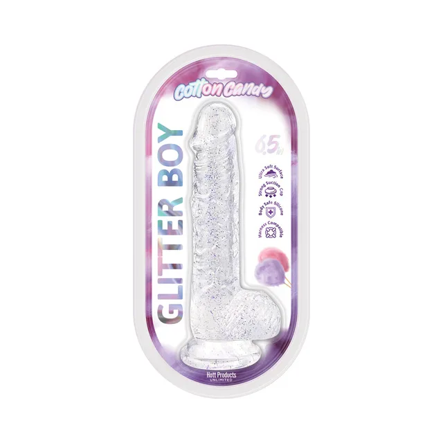 Cotton Candy Glitter Boy clear 6.5-inch jelly dildo in oval blister pack