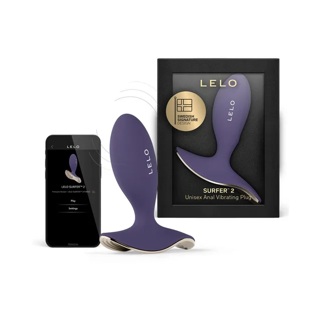 LELO Surfer 2 cyber purple T-shaped vibrator with phone and black presentation box
