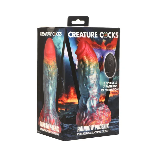 rainbow Creature Cocks Phoenix textured silicone dildo with remote pictured on box