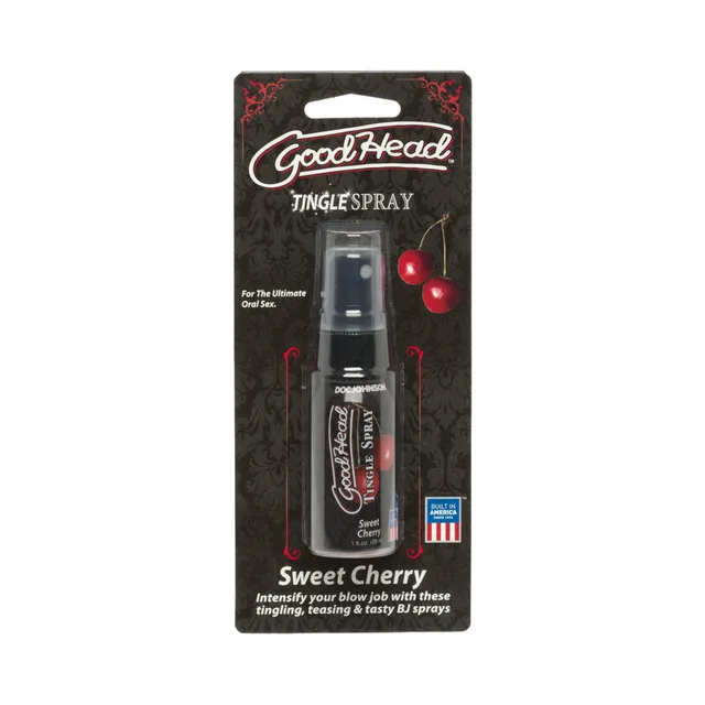 Doc Johnson GoodHead Sweet Cherry Tingle spray inside black retail card with matching fruit graphic