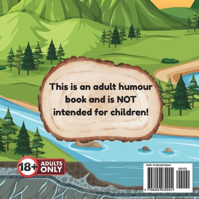 Back cover of My Beaver Loves Wood showing a mountain and river landscape with an adults-only notice